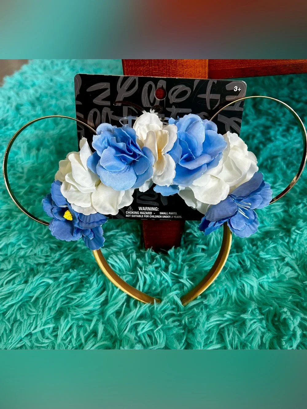 Disney Floral Mickey Mouse Ears Headband Blue White Gold Flower Accents Minnie